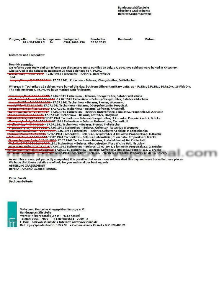 Поименный список немецких потерь 17 июля 1941 в районе Кричева