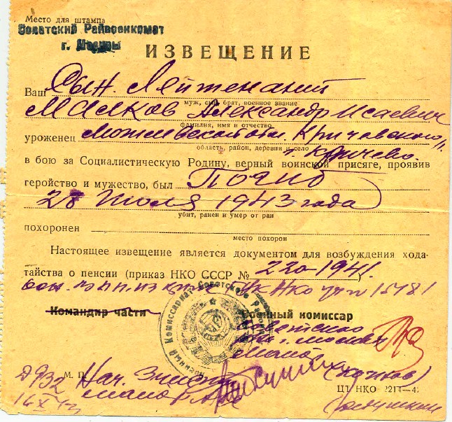 Извещение о гибели Саши Малкова