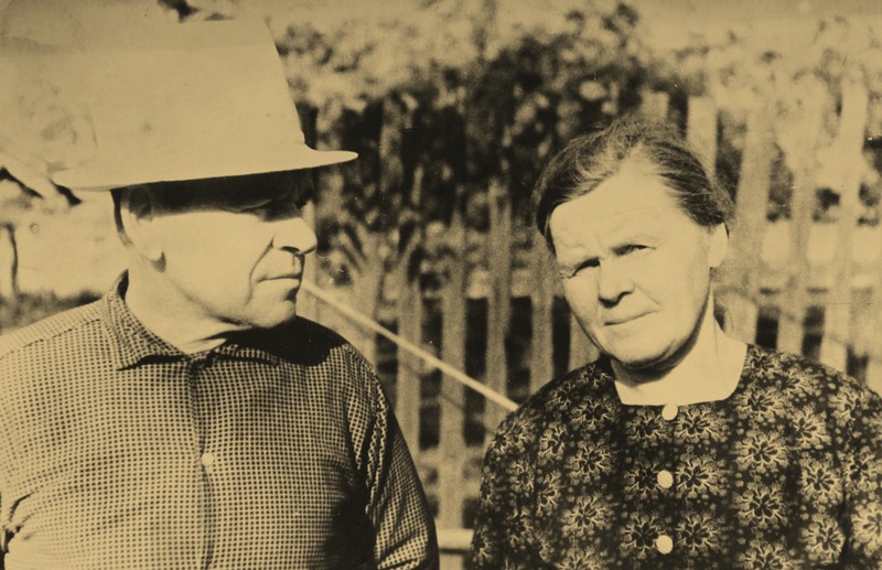 Сергеевичи. Поле рядом с домом дедушка и на втором плане бабушка